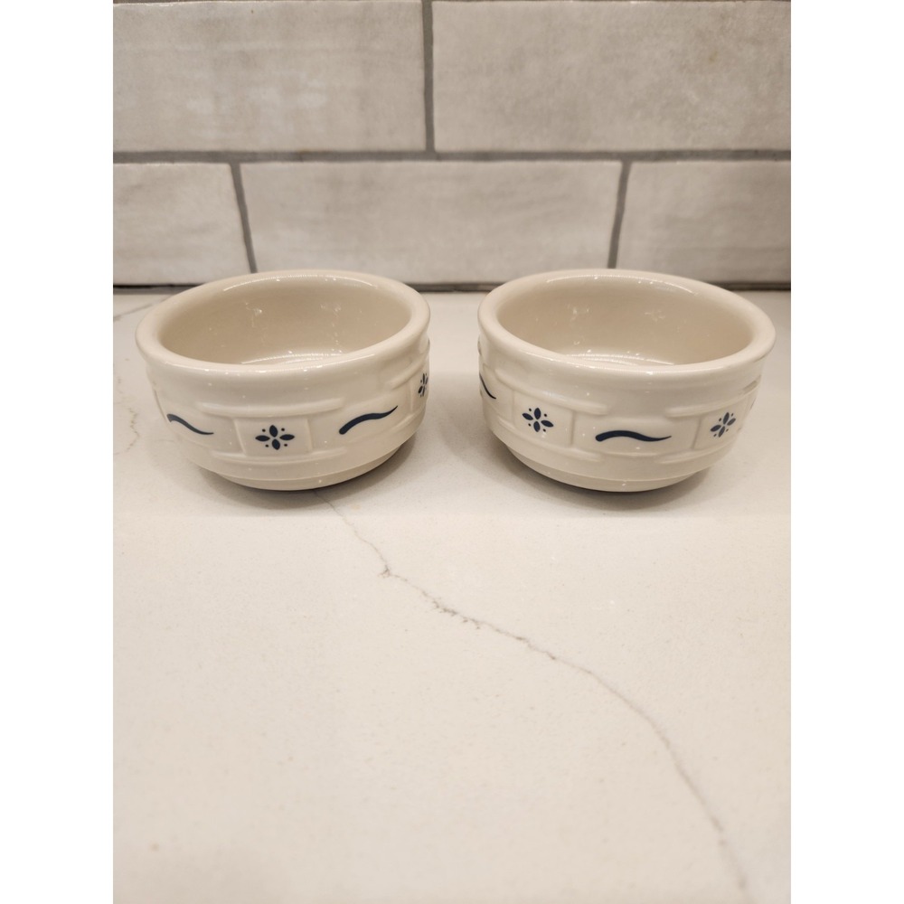 Longaberger Pottery Woven Traditions Classic Blue Set‎ Of 2 Ramekin Custard Cups